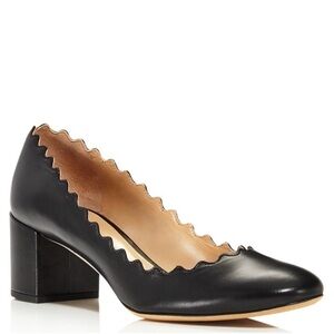 CHLOE WOMENS Lauren heels in black leather Scalloped Block Heel Size 38 pumps